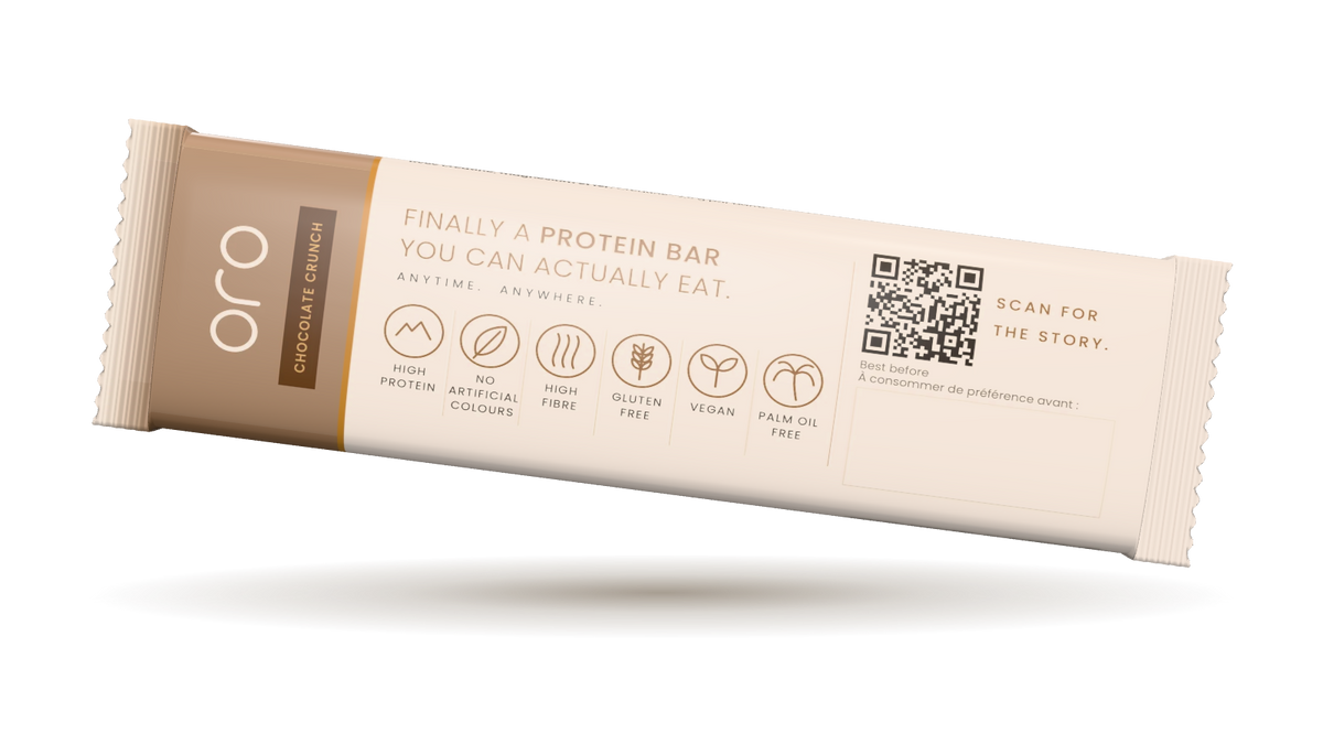 ORO Performance Bar – back of the pack: high protein, no artificial colours, high fibre, vegan, palm oil free