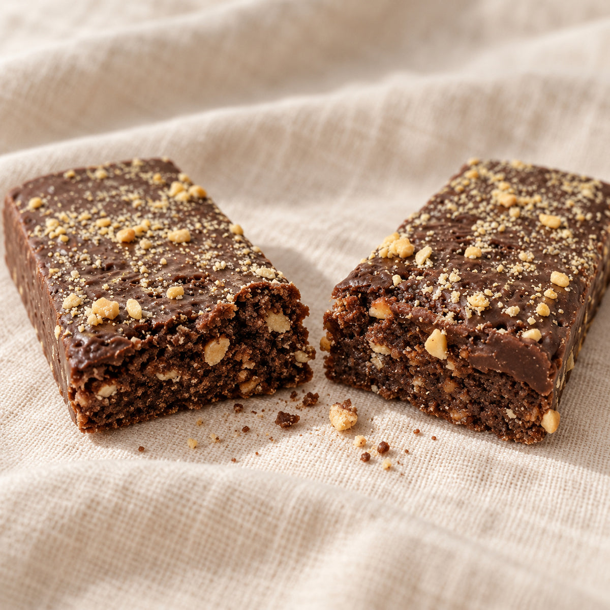 ORO Chocolate Crunch bar broken in two on a cream linen cloth, showing the crispy inside