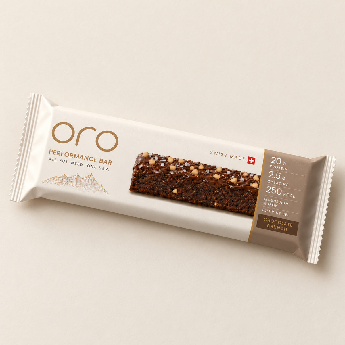 ORO Performance Bar in its cream wrapper, front view