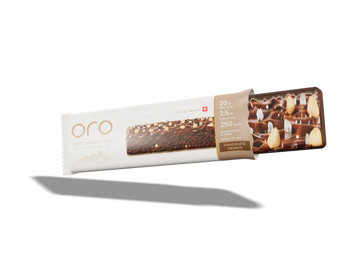 ORO Chocolate Crunch bar, sliding out of its wrapper